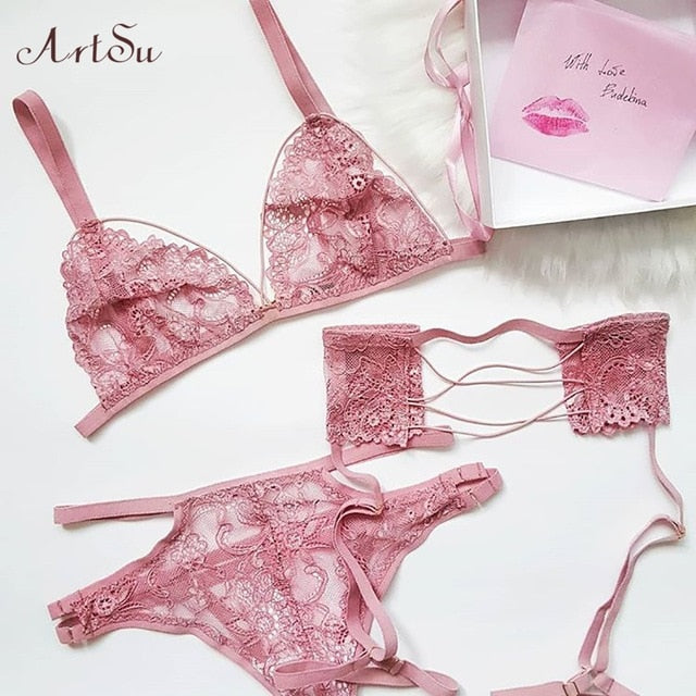 ArtSu Cute Pink Lace Lingerie Set 3 Pieces Sexy Bra And Panty Set Sleeveless Backless Briefs Set Intimates Underwear ASSU604322