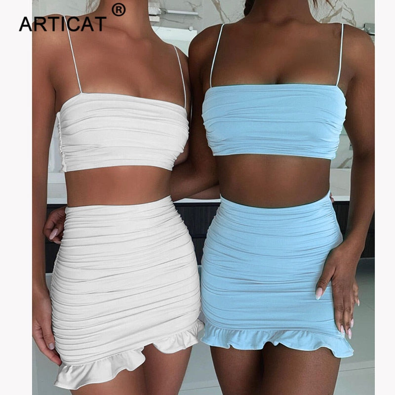 Articat White Women 2 Piece Set Bodycon Dress Ruffles Off Shoulder Crop Top Summer Dress Casual Short Beach Dress Vestidos