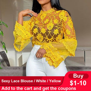 Sexy mesh yellow blouse See-Through flare sleeve african party club top shirts 2020 summer slim women pullover blouse shirts top