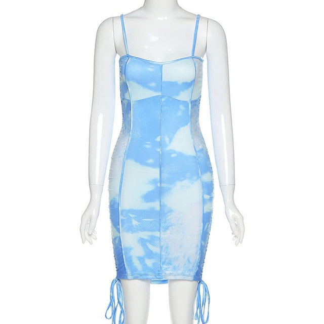 HUgcitar 2020 tie dye print patchwork bandage sleeveless sexy mini dress summer women fashion streetwear outfits sundress