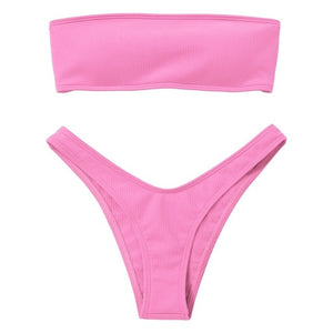 Women Adjustable Back Lace-up Bandeau Bikini Off Shoulder Bikini Set Ribbed Swimsuit Female Swimwear Sexy Pink Bathing Suit