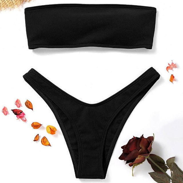 Women Adjustable Back Lace-up Bandeau Bikini Off Shoulder Bikini Set Ribbed Swimsuit Female Swimwear Sexy Pink Bathing Suit