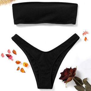 Women Adjustable Back Lace-up Bandeau Bikini Off Shoulder Bikini Set Ribbed Swimsuit Female Swimwear Sexy Pink Bathing Suit