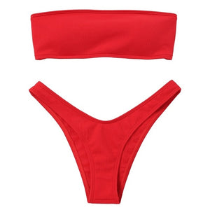 Women Adjustable Back Lace-up Bandeau Bikini Off Shoulder Bikini Set Ribbed Swimsuit Female Swimwear Sexy Pink Bathing Suit