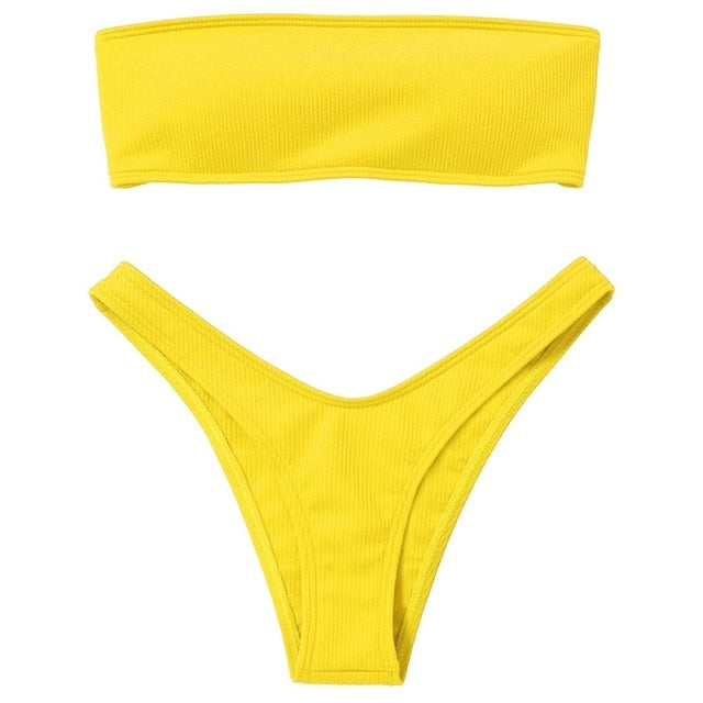 Women Adjustable Back Lace-up Bandeau Bikini Off Shoulder Bikini Set Ribbed Swimsuit Female Swimwear Sexy Pink Bathing Suit