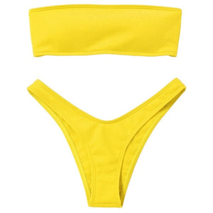 Women Adjustable Back Lace-up Bandeau Bikini Off Shoulder Bikini Set Ribbed Swimsuit Female Swimwear Sexy Pink Bathing Suit