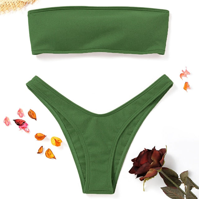 Women Adjustable Back Lace-up Bandeau Bikini Off Shoulder Bikini Set Ribbed Swimsuit Female Swimwear Sexy Pink Bathing Suit