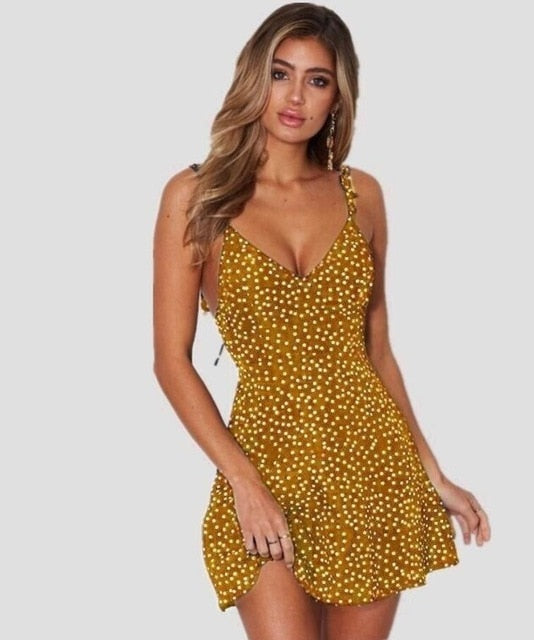 2020 Summer Women Dress V Neck A Line Sexy High Waist Dot Printing Mini Dresses Vestidos Back Lacing Straps Backless Dress XXXL