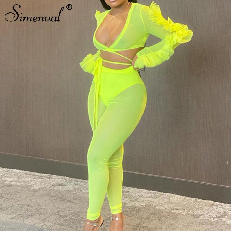 Simenual Mesh See Through Sexy Bandage Matching Set Women V Neck Long Sleeve Party Club Two Piece Outfit Crop Top And Pants Sets