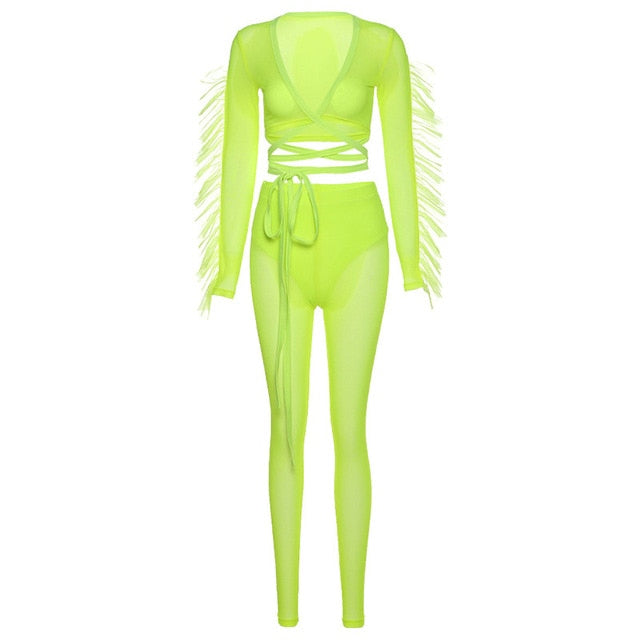 Simenual Mesh See Through Sexy Bandage Matching Set Women V Neck Long Sleeve Party Club Two Piece Outfit Crop Top And Pants Sets