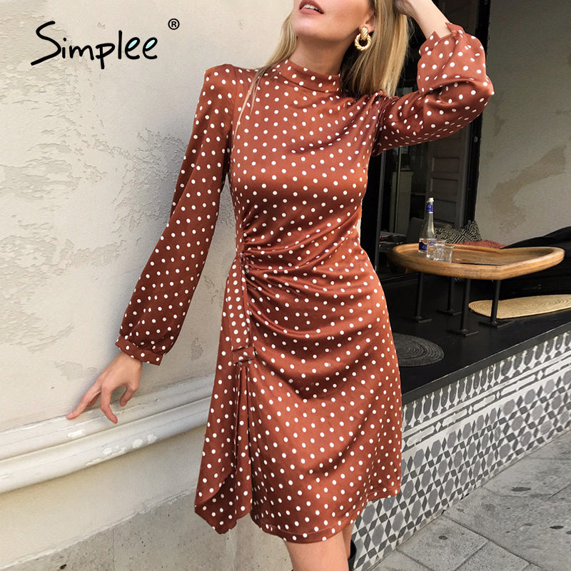 Simplee Elegant round neck polka dot dress Sexy  lantern solid dress Loose holiday autumn women chic  long party midi dress 2020