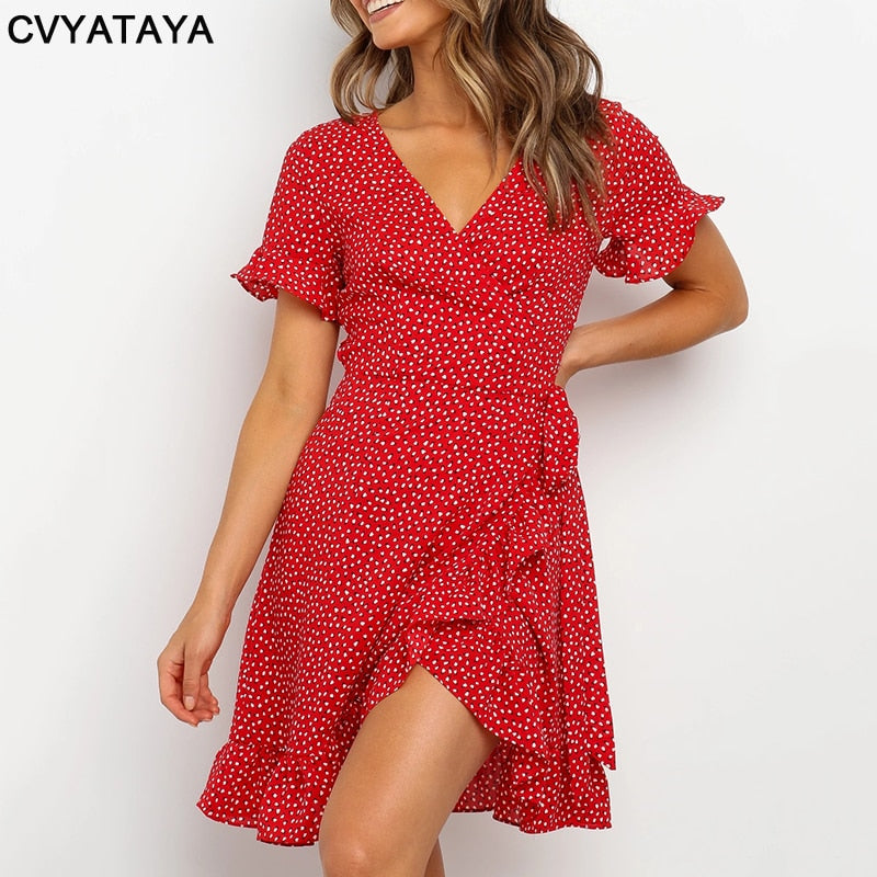 Red Sexy V Neck Floral Print Self Tie Wrap Dress Mini Dress Women Boho Ruffle Hem Flare Sleeve Summer Mini Dresses Vestidos