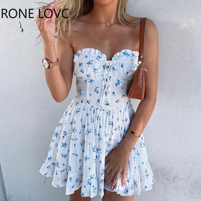 Women Elegant Fashion Sexy Floral Print Bandeau Frill Hem Dress Mini Dress Summer Party Dress