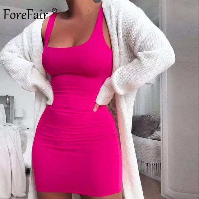 Forefair Solid Summer Dress Sexy Square Neck Casual Close Fitting Off Shoulder Short Bodycon Stretchy 2020 Dress Women
