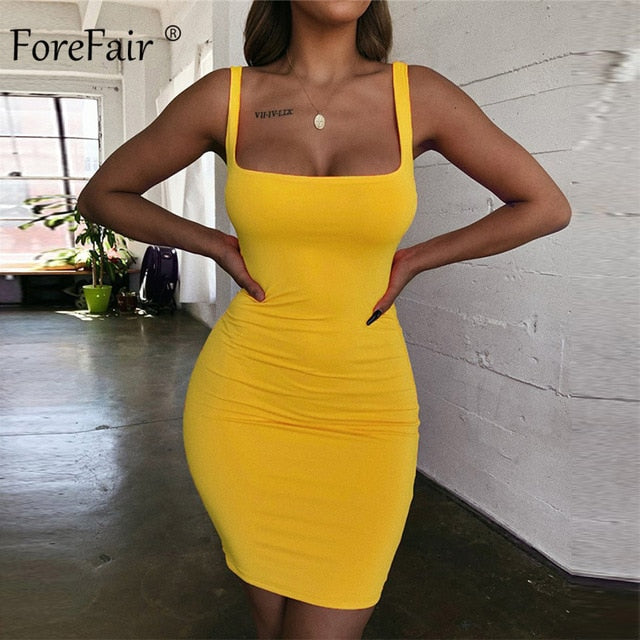 Forefair Solid Summer Dress Sexy Square Neck Casual Close Fitting Off Shoulder Short Bodycon Stretchy 2020 Dress Women