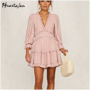 women dresses Sexy v-neck backless dress printed Elegant lantern sleeve ruffle dresses summer holiday mini dress Vestido 2020