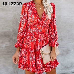 women dresses Sexy v-neck backless dress printed Elegant lantern sleeve ruffle dresses summer holiday mini dress Vestido 2020
