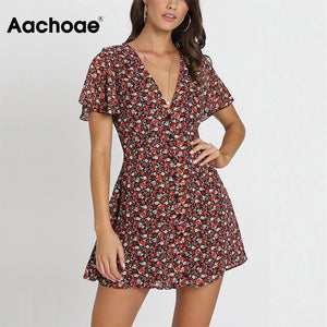 Aachoae Sexy Deep V Neck Floral Dress Summer 2020 Flare Short Sleeve Boho Beach Mini Dress Single Breasted Chiffon A Line Dress