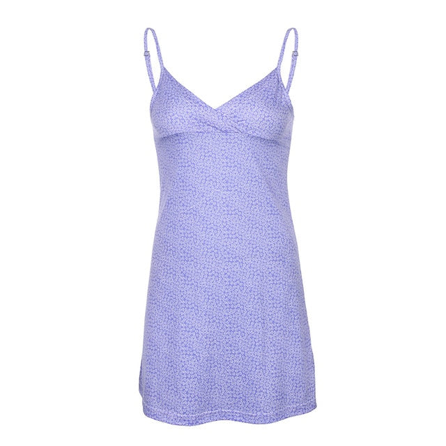 Waatfaak V Neck Summer Dress Camis A-line Casual Floral Blue Short Dress Women Sexy Backless Club Dresses Woman Sleeveless 2020