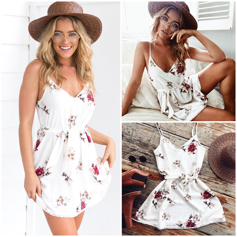 Summer New Fashion Ladies V-neck Tassel Backless Sexy Floral Print Dresses Women Summer Boho Spaghetti Suspender Dress