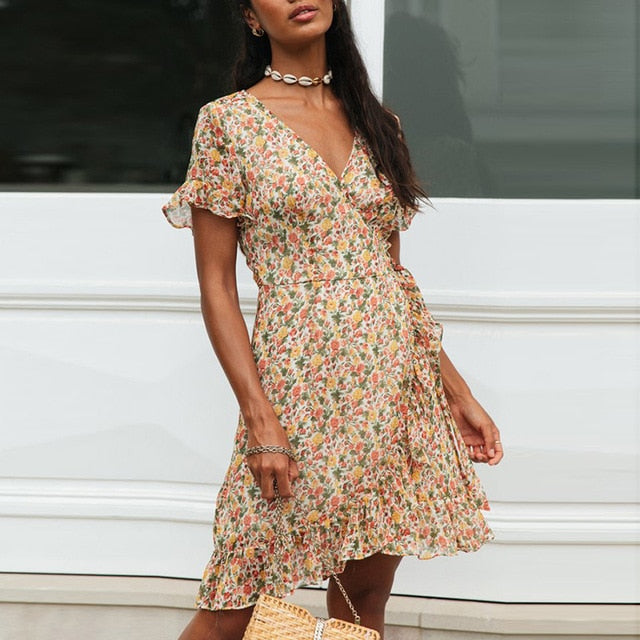 Aachoae Summer Boho Beach Dress Women Floral Print Ruffle Wrap Dress 2020 Sexy V Neck A Line Chiffon Mini Sundress Robe Femme