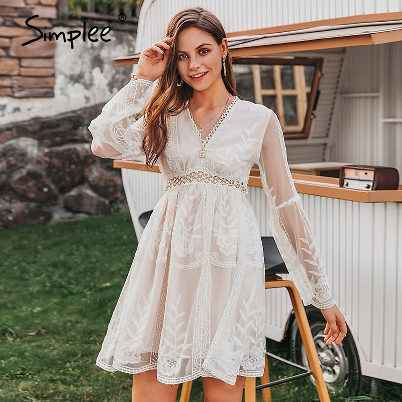 Simplee Sexy v-neck boho women summer dress Trumpet sleeve ruffle white floral female short dress A-line lace ladies mini dress