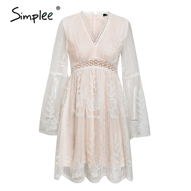Simplee Sexy v-neck boho women summer dress Trumpet sleeve ruffle white floral female short dress A-line lace ladies mini dress