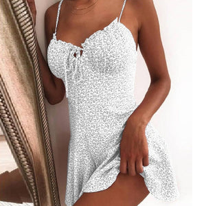 Summer Tie Front V Neck Elegant Sexy Floral Print Mini Dress Women Off Shoulder Ruffle Party Dress Femme Backless A-Line Dresses