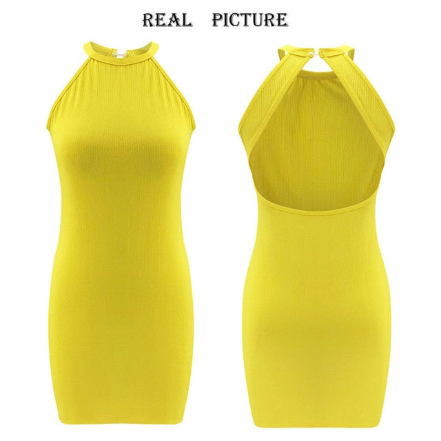 Womens Ladies Sleeveless Halter Slim Solid Color Elegant Fashion Sexy Back Hollow Pack Hip Dress