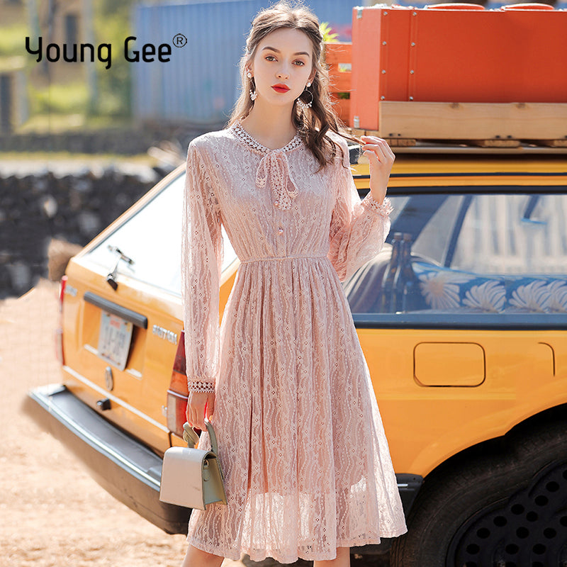 Young Gee Elastic Waist Bow Neck Lace Dress Long Sleeve Flower Pink Dress Casual Elegant Women Spring Autumn Modern Lady Dresses