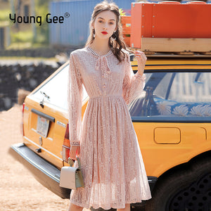 Young Gee Elastic Waist Bow Neck Lace Dress Long Sleeve Flower Pink Dress Casual Elegant Women Spring Autumn Modern Lady Dresses