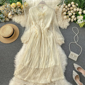 Young Gee Elastic Waist Bow Neck Lace Dress Long Sleeve Flower Pink Dress Casual Elegant Women Spring Autumn Modern Lady Dresses