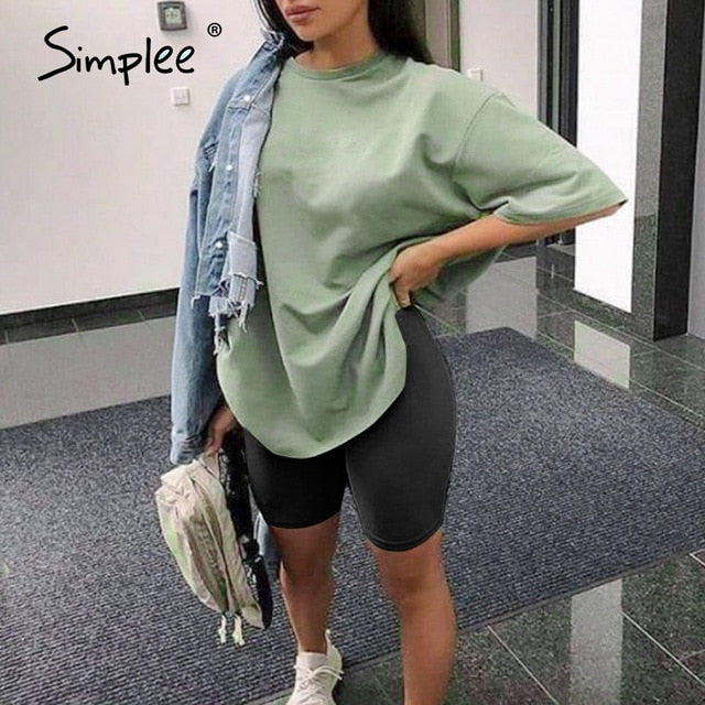 Simplee Casual solid outfits women's two piece suit with belt Home loose sports tracksuits fashion leisure bicycle suit summer