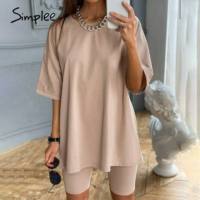 Simplee Casual solid outfits women's two piece suit with belt Home loose sports tracksuits fashion leisure bicycle suit summer
