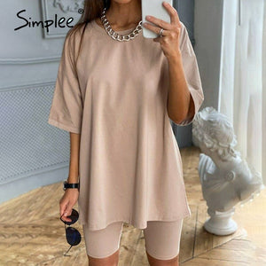 Simplee Casual solid outfits women's two piece suit with belt Home loose sports tracksuits fashion leisure bicycle suit summer