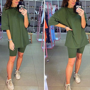 Simplee Casual solid outfits women's two piece suit with belt Home loose sports tracksuits fashion leisure bicycle suit summer