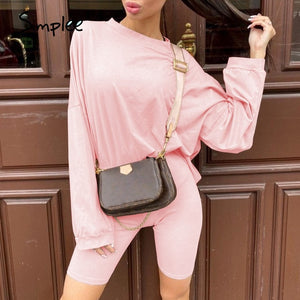 Simplee Casual solid outfits women's two piece suit with belt Home loose sports tracksuits fashion leisure bicycle suit summer
