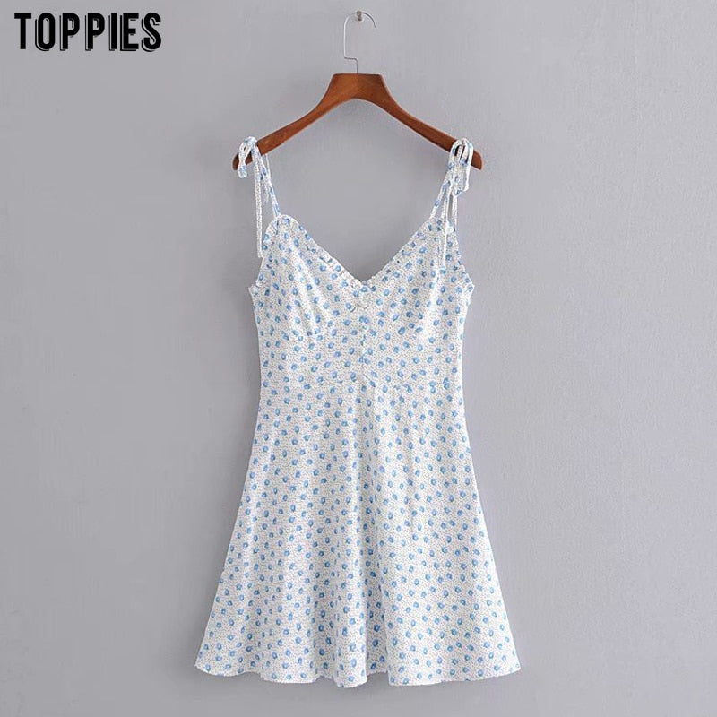 toppies summer floral printing mini dress sexy v-neck sundress 2020 vacation slim camisoles dress