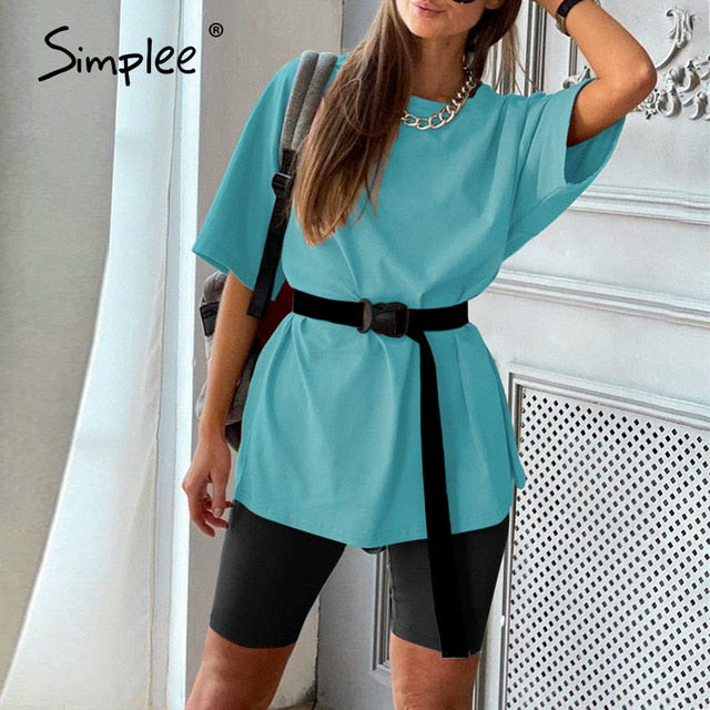 Simplee Casual solid outfits women's two piece suit with belt Home loose sports tracksuits fashion leisure bicycle suit summer