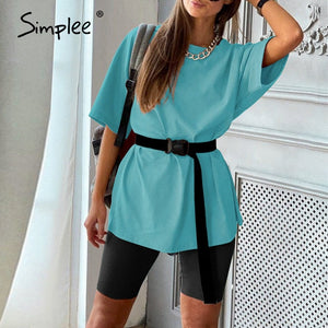 Simplee Casual solid outfits women's two piece suit with belt Home loose sports tracksuits fashion leisure bicycle suit summer