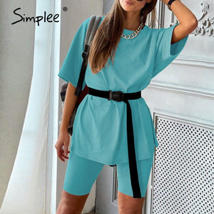 Simplee Casual solid outfits women's two piece suit with belt Home loose sports tracksuits fashion leisure bicycle suit summer