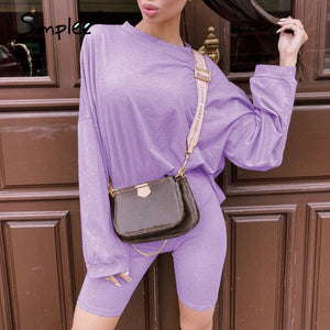 Simplee Casual solid outfits women's two piece suit with belt Home loose sports tracksuits fashion leisure bicycle suit summer