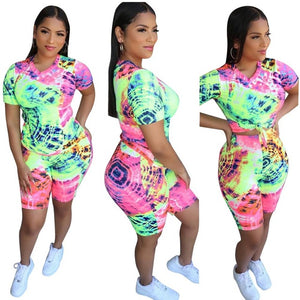 Womens Summer Short Sleeve Print Bodycon Outfits Ladies Evening Party Club Slim Fit Tops T Shirt Pants Shorts 2pcs Set