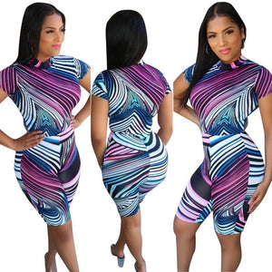 Womens Summer Short Sleeve Print Bodycon Outfits Ladies Evening Party Club Slim Fit Tops T Shirt Pants Shorts 2pcs Set