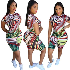 Womens Summer Short Sleeve Print Bodycon Outfits Ladies Evening Party Club Slim Fit Tops T Shirt Pants Shorts 2pcs Set