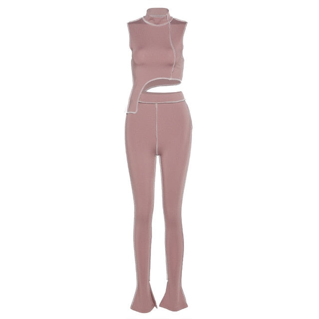 Simenual Casual Sporty Active Wear Matching Set Women Sleeveless Workout Bodycon 2 Piece Outfits Skinny Crop Top and Pants Sets