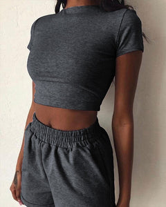 Women's 2-Piece Outfit Set Cozy Sport Fitness Set Solid Color Round Neck Crop Short Sleeve Top Short High Waist Pants Set