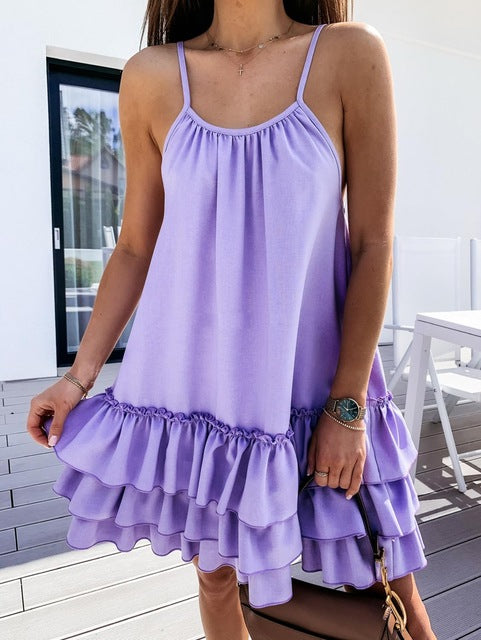 Sexy Spaghetti Strap Ruffle Solid Sleeveless 2020 Summer Women Dresses Loose A Line Mini Holiday Beach Dress Sundress Robe