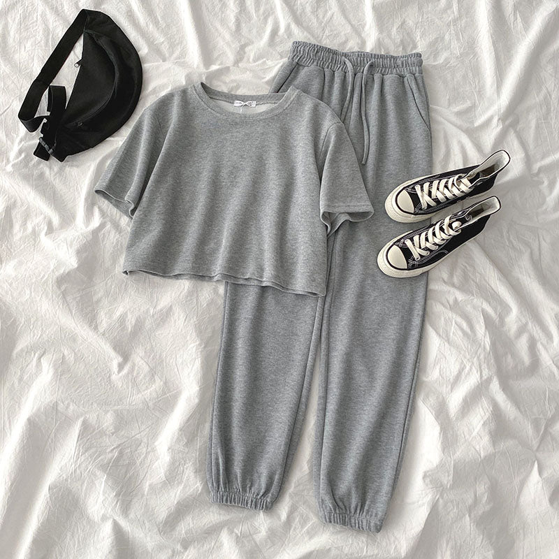 Casual Student Two-piece Suit Summer Women Tracksuit Fashion Short Top+High Waist Harem Ankle Length Pant For Height Under 165cm