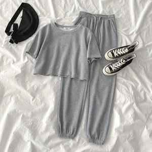 Casual Student Two-piece Suit Summer Women Tracksuit Fashion Short Top+High Waist Harem Ankle Length Pant For Height Under 165cm